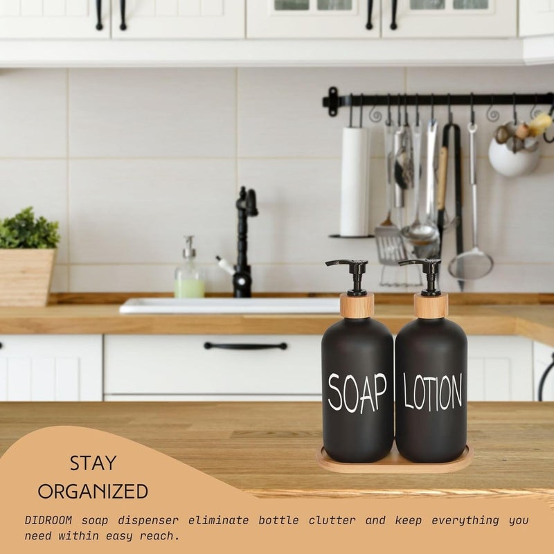 DIDROOM Black Soap Dispenser Bathroom Set, Set with Glass Dispenser, Bamboo Pumps & Tray. Hand and Lotion Suitable for Farmhouse Decor - Image 3